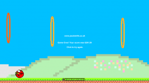 Game over screen, showing the player's score (a combination of distance and yellow rings flown through)