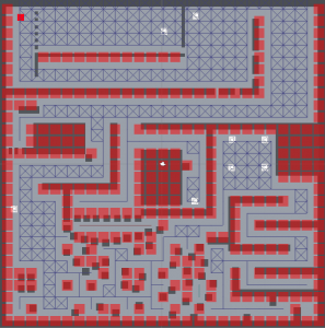 The pathfinding gridgraph, showing possible routes for the enemies, on the final level.