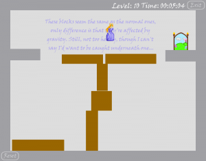 Level 10 introduces brown blocks, which fall due to gravity. The concept is taught by evoking the feeling of the first level