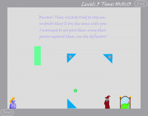 Level 5 introduces wizards and blue blocks. The green block is put there for panicking players to block the shots quickly.