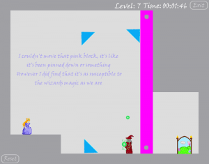 Level 7 introduces destructible pink blocks. Killing the wizard too soon leaves the player unable to beat the level, one reason the reset button was introduced